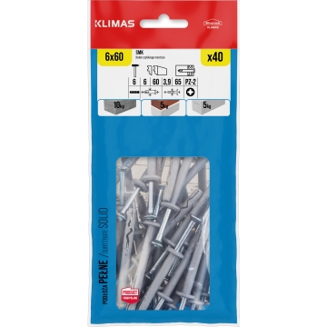 Hmoždinka natloukací s vrutem 6x60 mm, 10× 40 ks W-SMK-06060(40)(X10)
