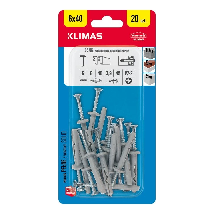 Hmoždinka natloukací s vrutem 6x40 mm, 9× 20 ks blistr BSMK-06040(X9)