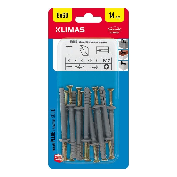 Hmoždinka natloukací s vrutem 6x60 mm, 9× 14 ks blistr BSMK-06060(X9)