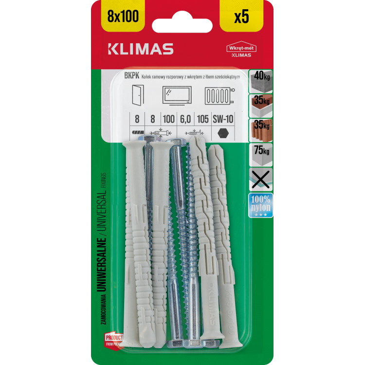 Hmoždinka rámová s vrutem 8x100 mm, 9× 5 ks blistr BKPK-08100(X9)