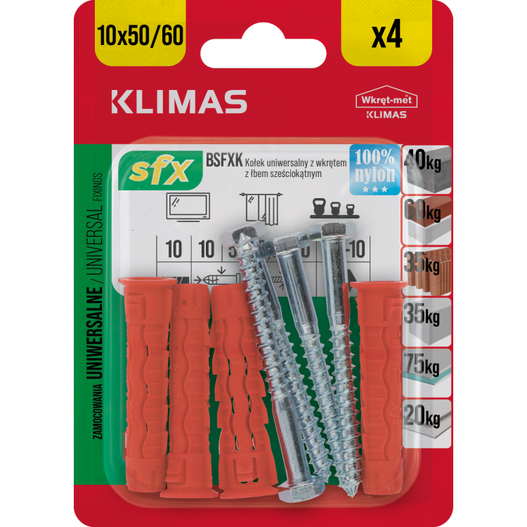 Hmoždinka uzlovací 10x50/60 mm, 10× 4 ks blistr BSFXK-10050060(X10)