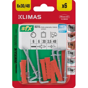 Hmoždinka uzlovací 6x30/48 mm, 10× 6 ks blistr