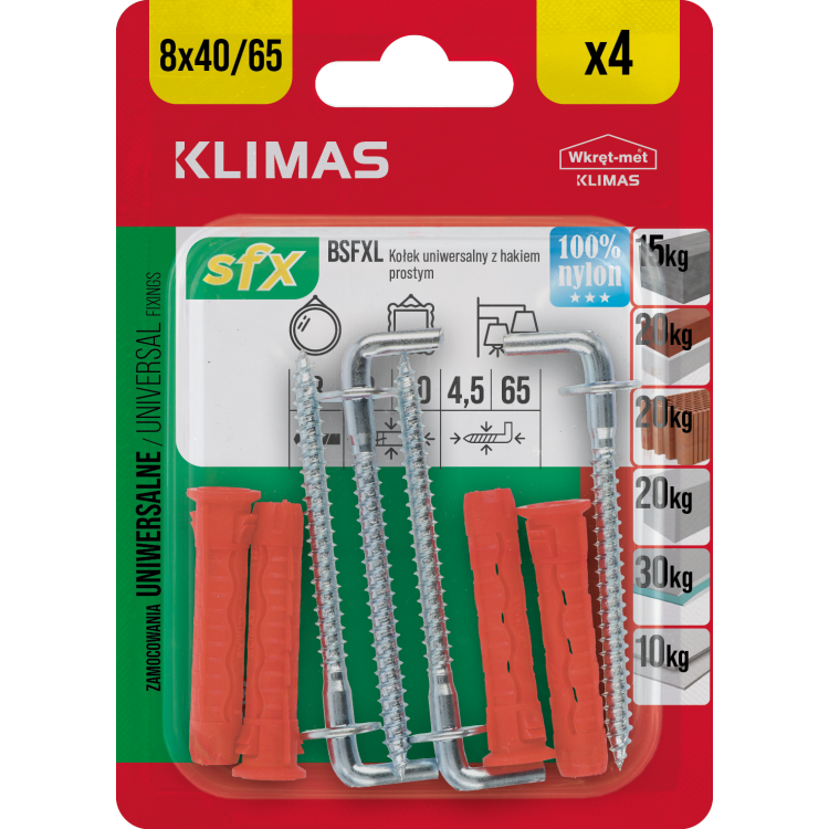 Hmoždinka uzlovací 8x40/65 mm, 10× 4 ks blistr