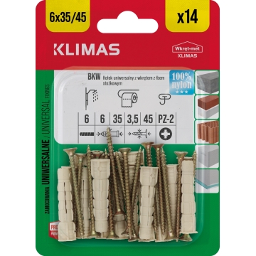 Hmoždinka univerzální s vrutem 6/3,5x45 mm, 10× 14 ks blistr