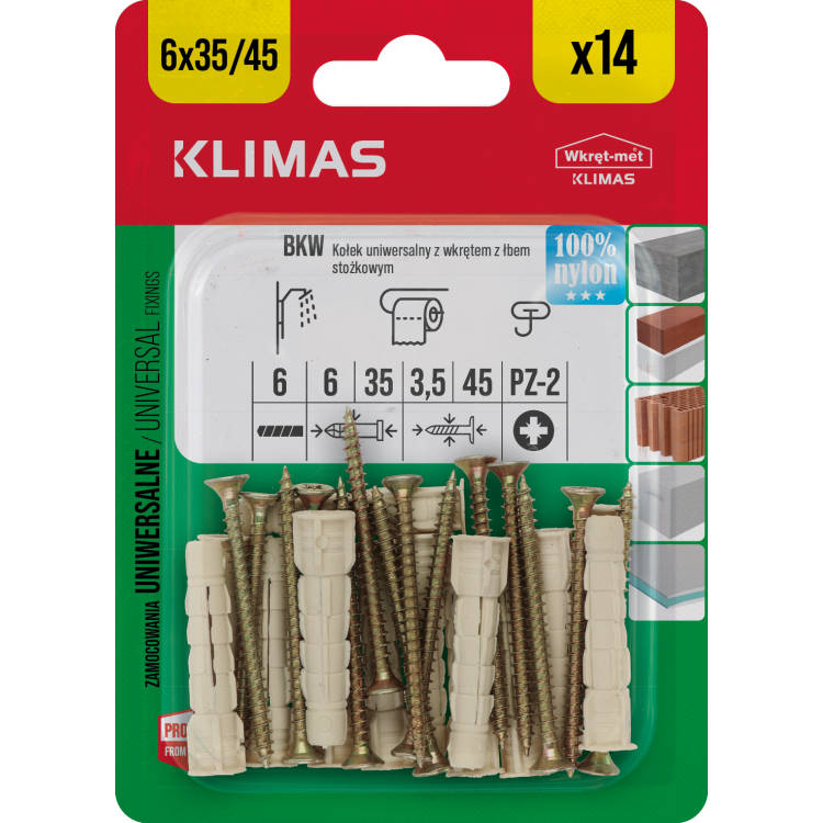 Hmoždinka univerzální s vrutem 6/3,5x45 mm, 10× 14 ks blistr
