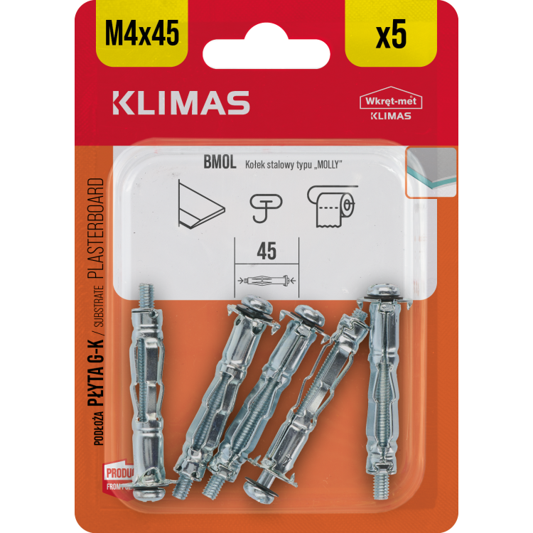 Hmoždinka do sádrokartonu ocelová 4x45 mm, 10× 5 ks blistr