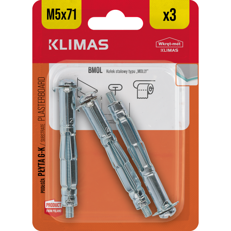 Hmoždinka do sádrokartonu ocelová 5x71 mm, 10× 3 ks blistr