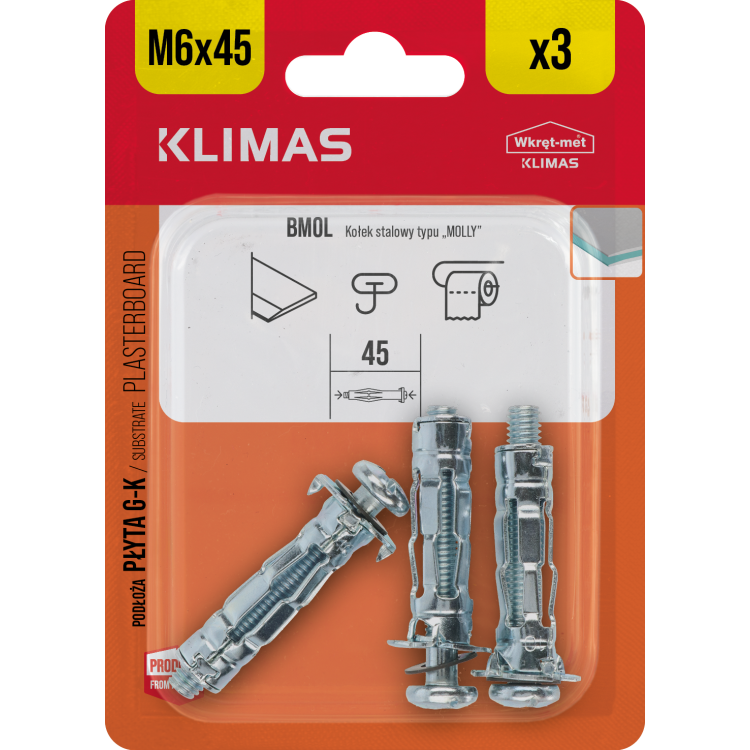 Hmoždinka do sádrokartonu ocelová 6x45 mm, 10× 3 ks blistr