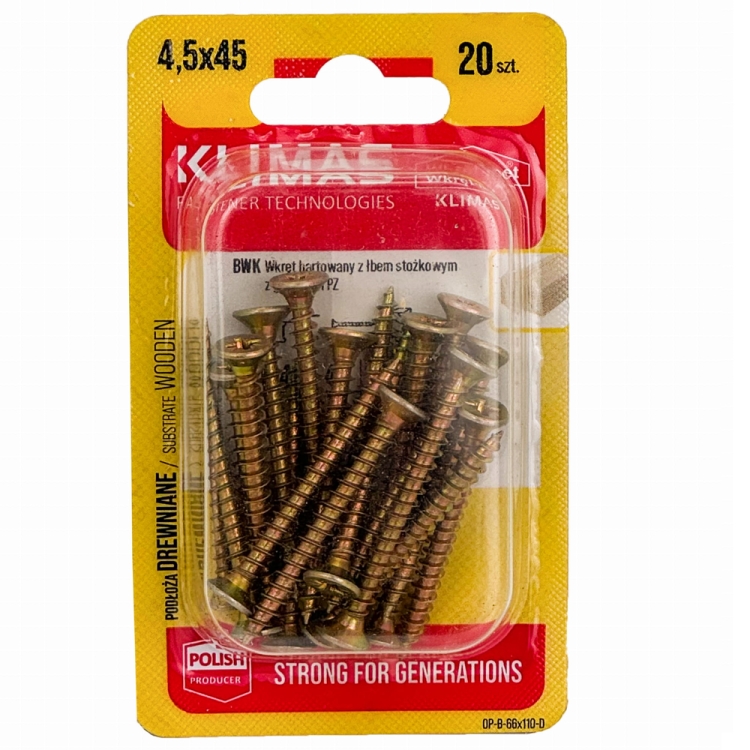 Vrut PZ se zápustnou hlavou – celý závit 4,5X45 (20ks/blistr)