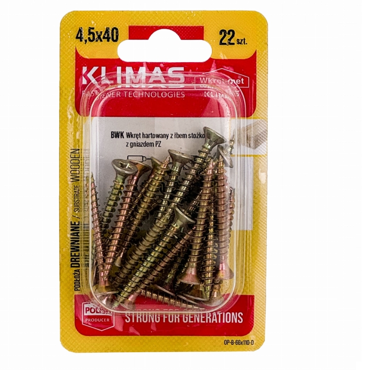 PZ skrutka so zápustnou hlavou – plný závit 4,5X40 (22 ks/blister)