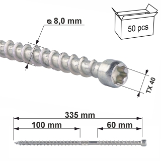Stavebné skrutky s vysokou nosnosťou 8x335 mm - dvojitý závit na izoláciu striech, 50 ks/bal.
