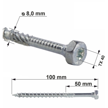 Wkręt do okuć ciesielskich TX 8×100 mm WKCH | Wysoka wytrzymałość, TORX TX40, ocynk galwaniczny, idealne do drewnianych konstruk