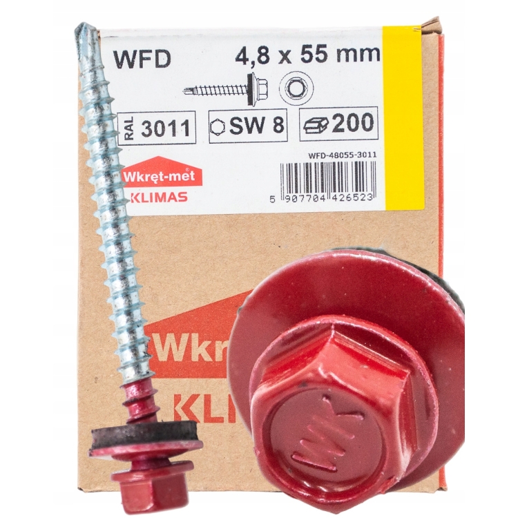 Wkręt farmerski z podkładką RAL 3011 4,8×55 mm (200 szt.) – czerwonobrązowy