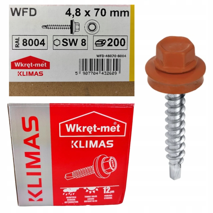 Wkręt farmerski z podkładką RAL 8004 4,8×70 mm (200 szt.) – ceglastoczerwony